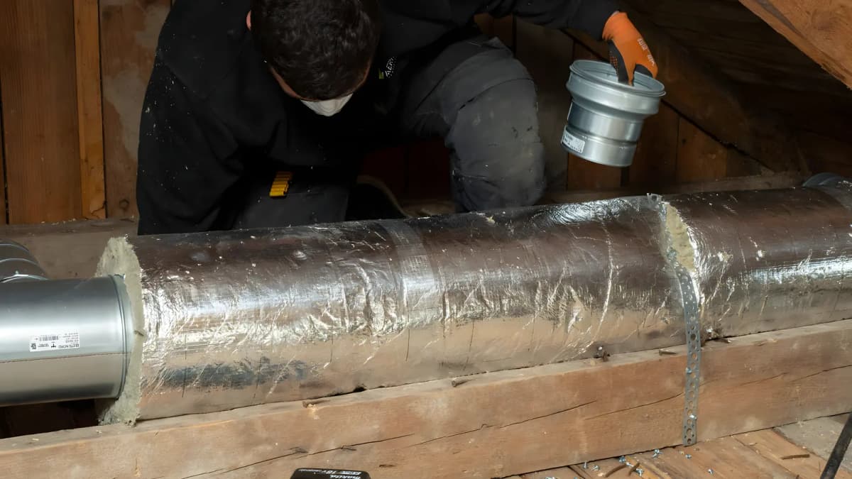 Tekniker på huk i ett vindsutrymme håller en plåtkoppling intill en isolerad ventilationskanal som vilar på bjälklaget